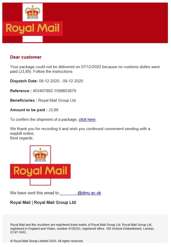 Royal Mail Scam email